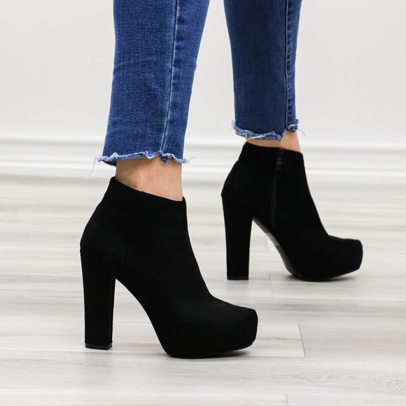 Platform Black Suede Ankle Heeled Booties - Picture 10 of 12